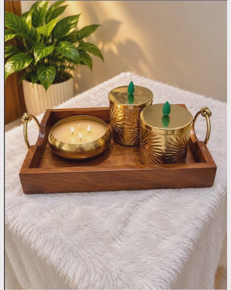 Wooden Tray with Decorative Candles Set