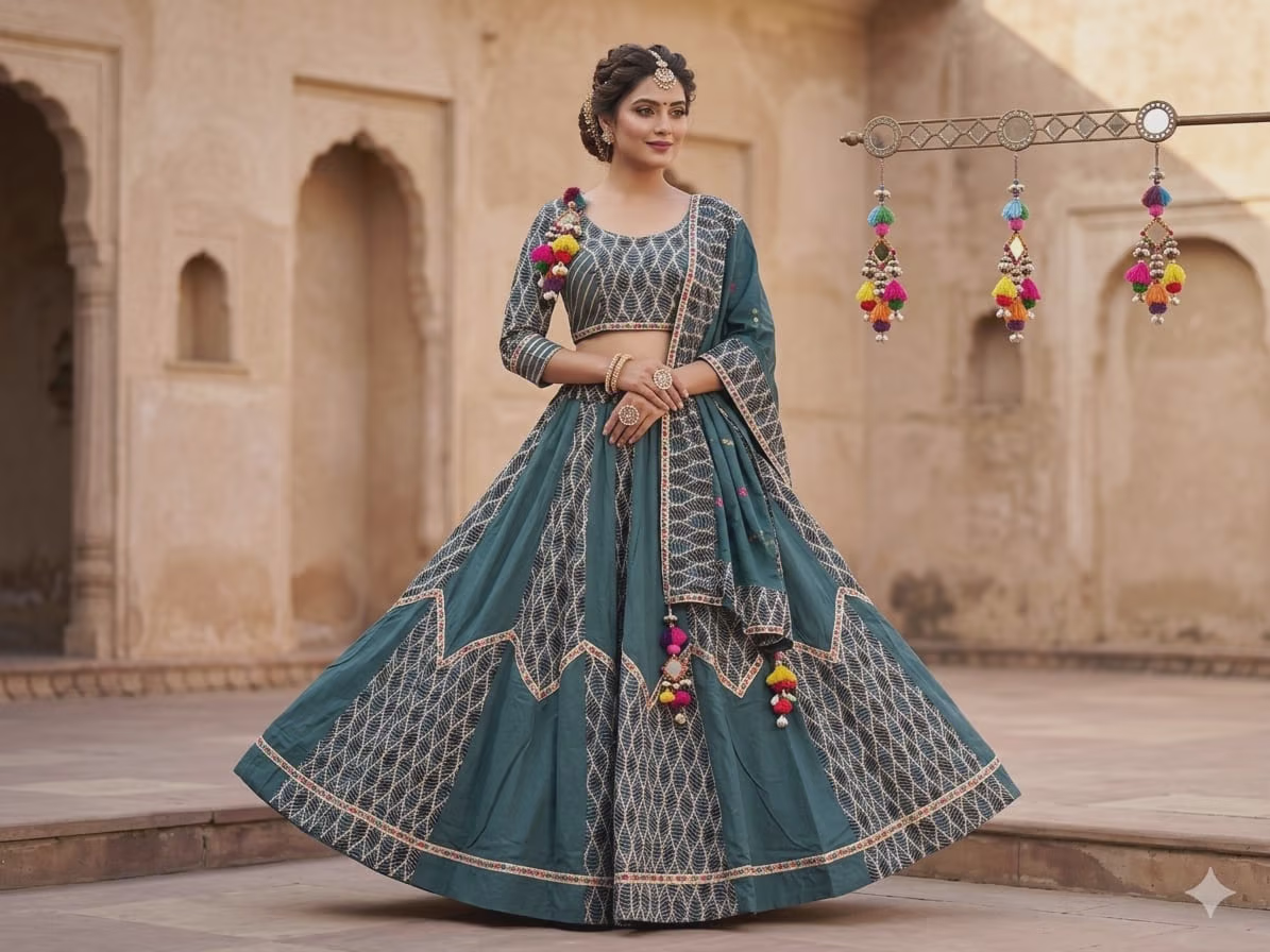 Teal Cotton Blend Lehenga Choli with Geometric Embroidery