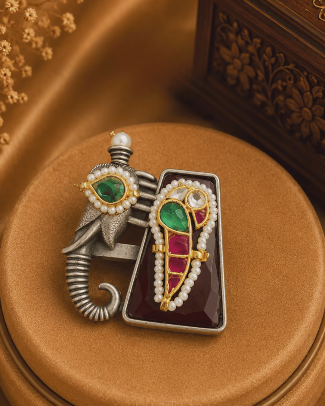 Elephant Motif Ring with Kundan and Pearl Detailing