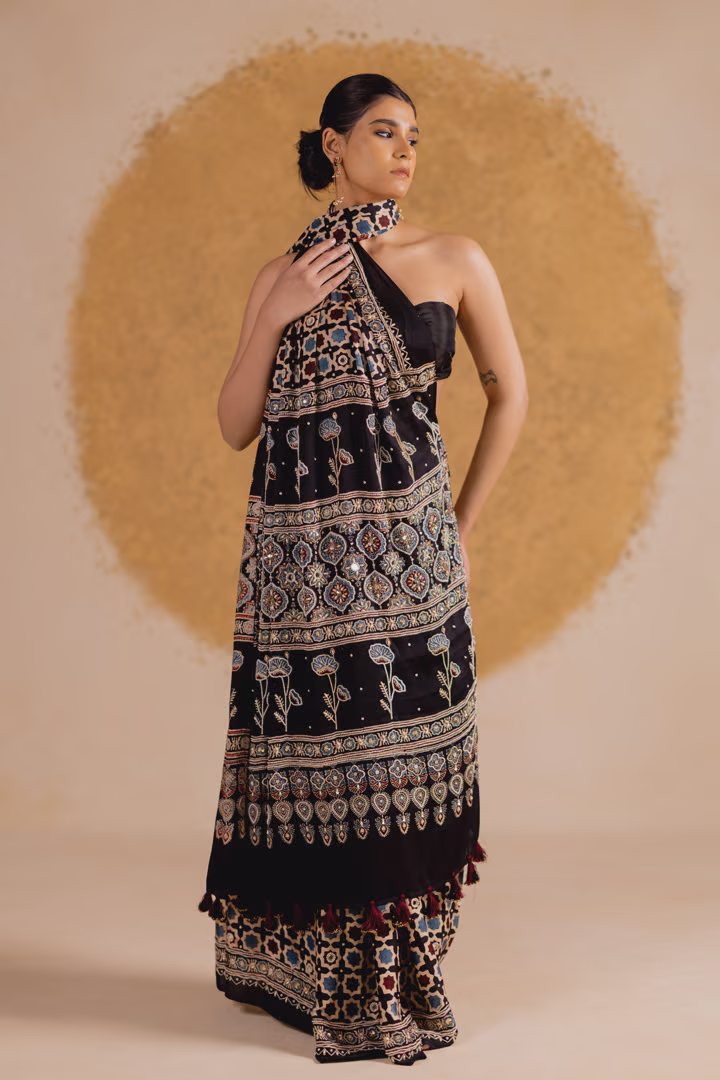 Black Printed Halter Neck Saree with Geometric and Floral Motifs