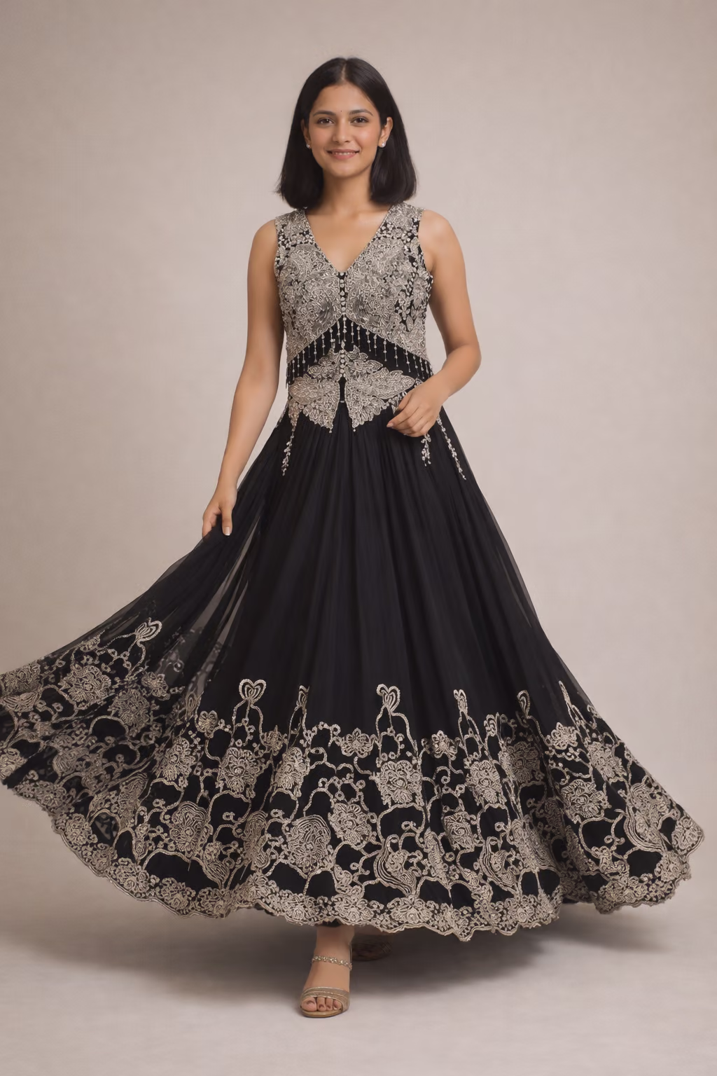 Black Net Gown with Silver Embroidered Bodice