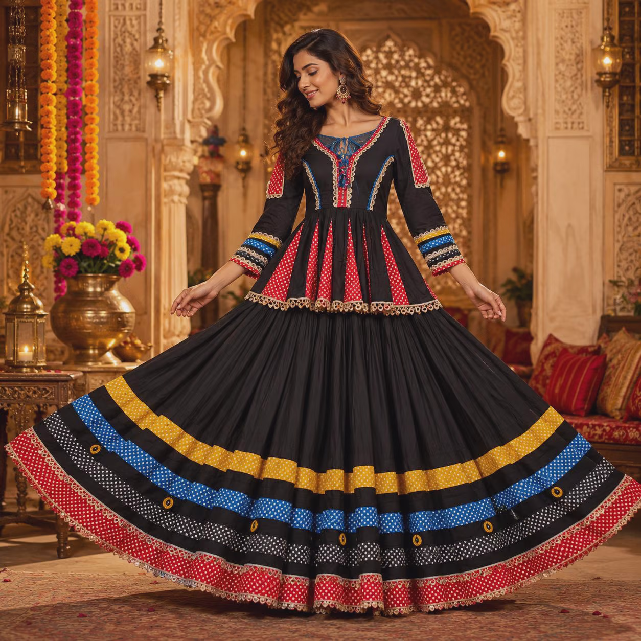Black Multicolor Cotton Blend Anarkali Gown with Embroidered Yoke