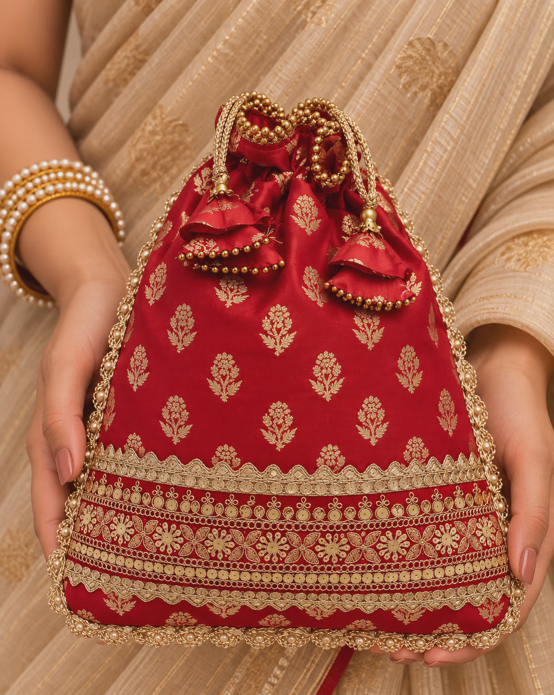 Red Potli Bag with Golden Zari Embroidery