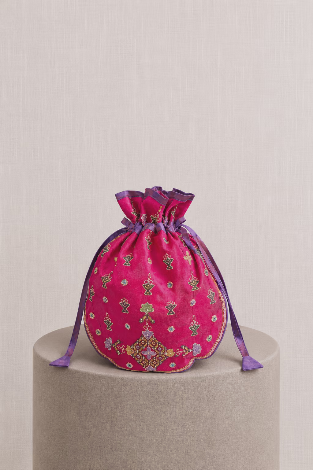 Pink Silk Potli Bag with Embroidered Motifs