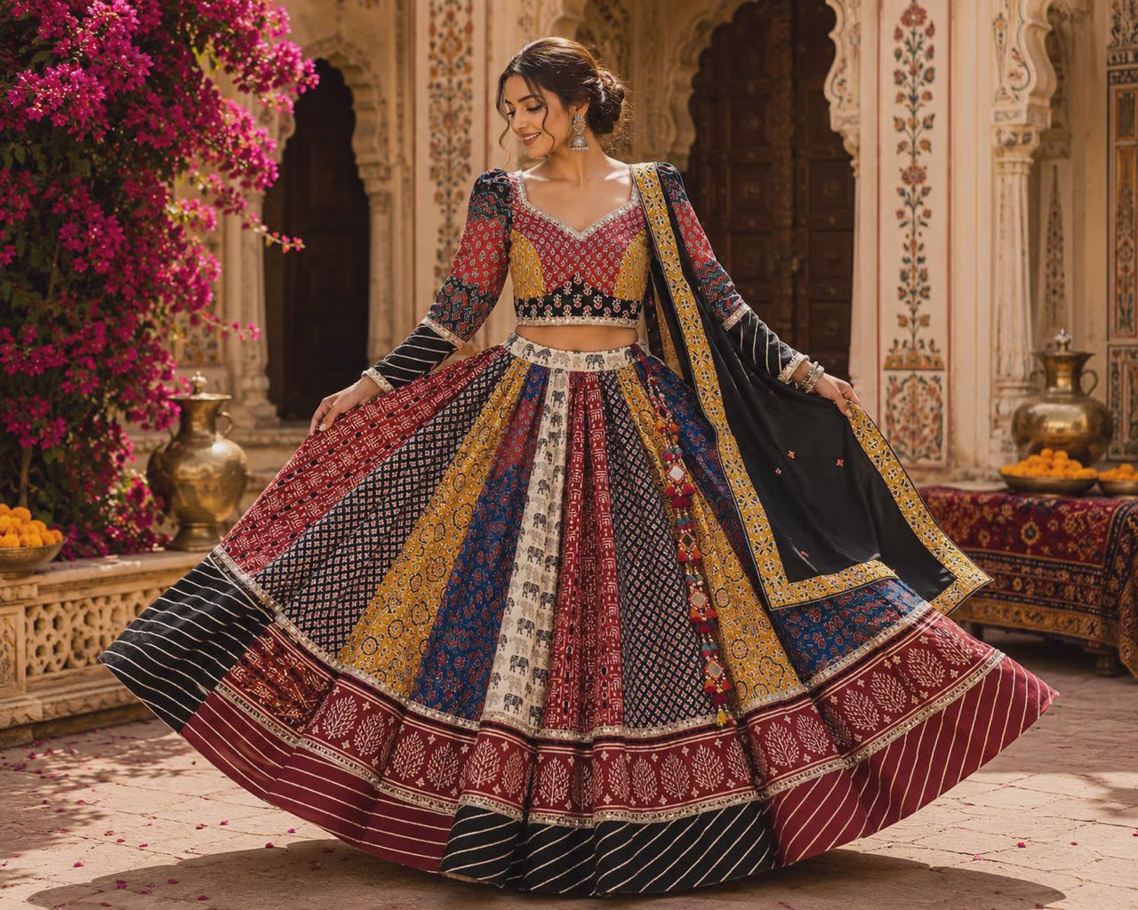 Multicolour Cotton Blend ajrak print work Lehenga Choli Set