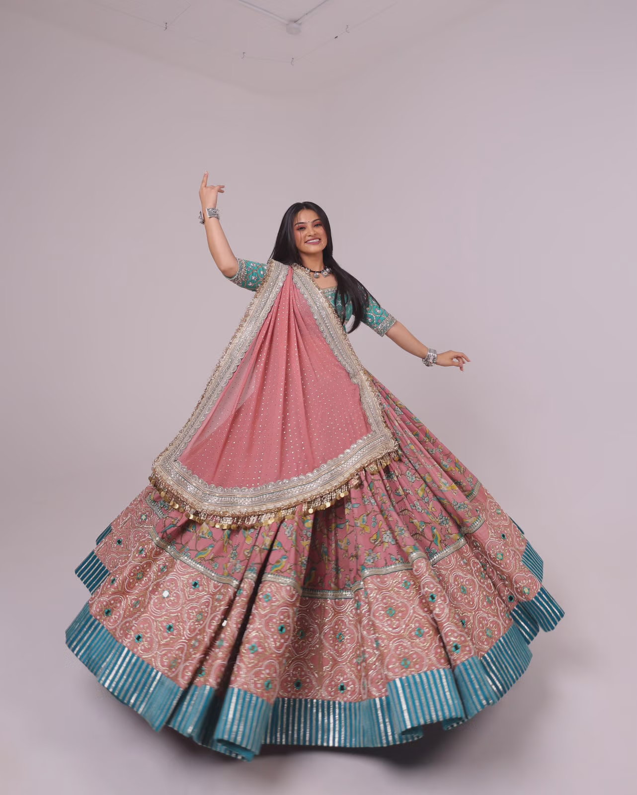 Pink and Green Embroidered Lehenga Choli