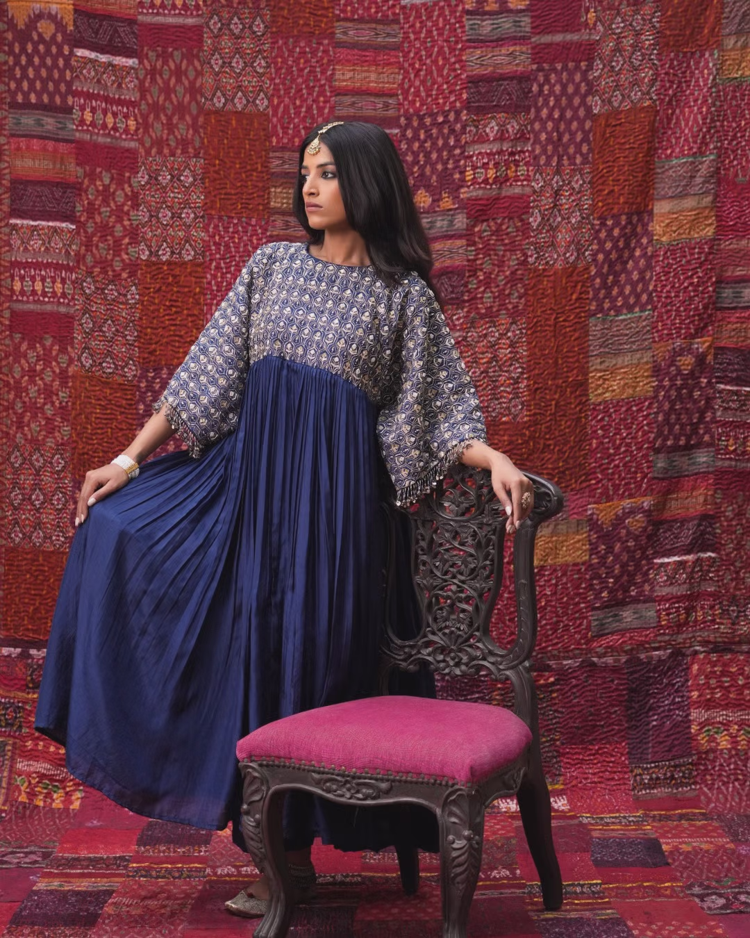 Navy Blue Silk Pleated Ethnic Dress with Embroidered Bodice