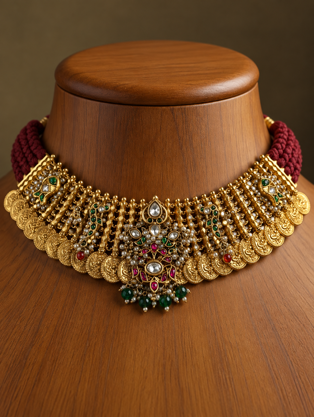 Gold Plated Temple Choker Necklace with Kundan and Pearl Detailing