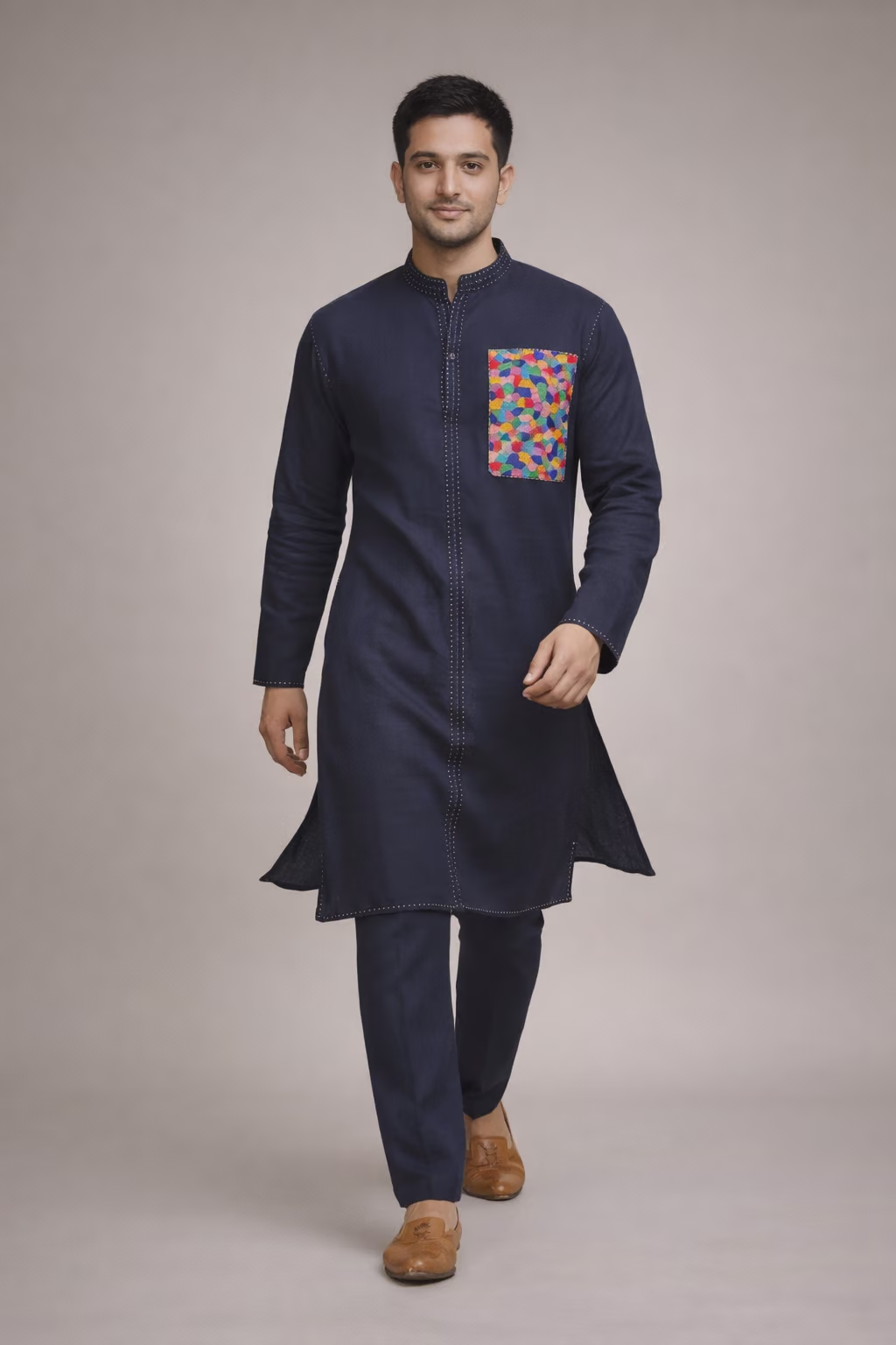 Navy Blue Cotton Kurta Set with Multicolour Embroidered Pocket