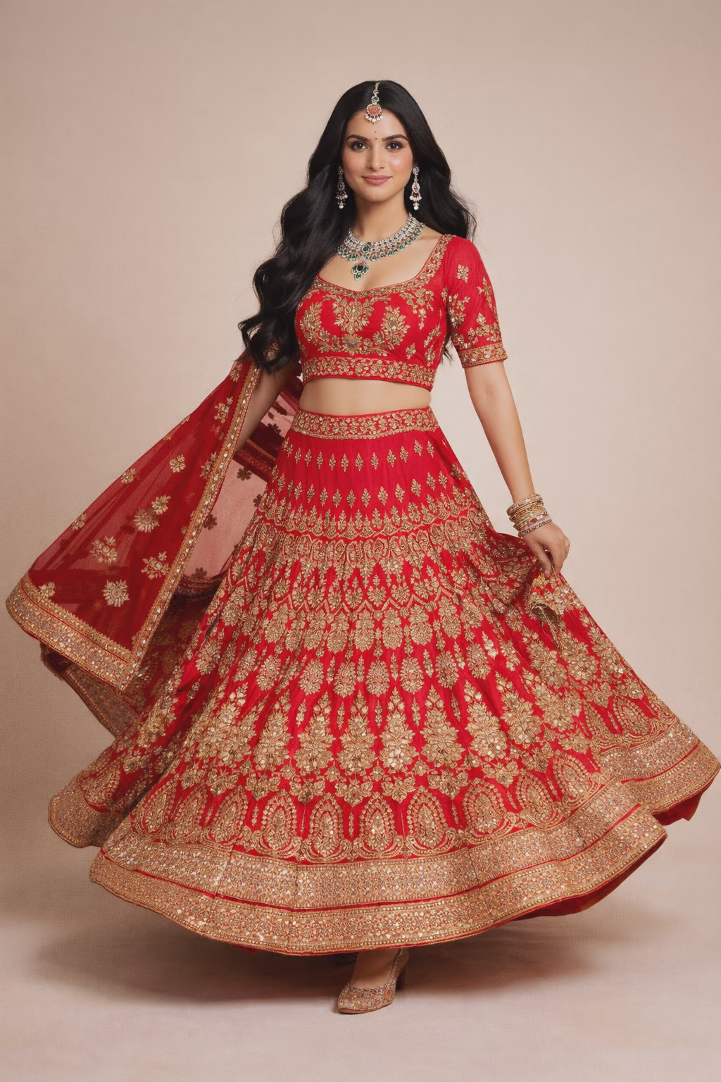 Regal Red Silk Lehenga Choli with Intricate Golden Zari Embroidery