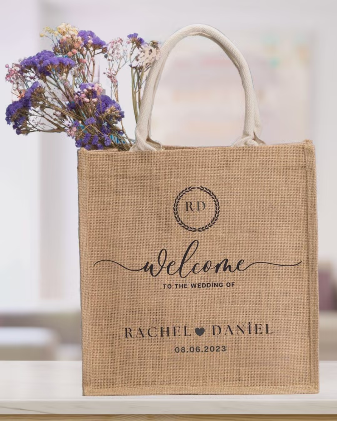 Personalized Jute Wedding Welcome Tote Bag