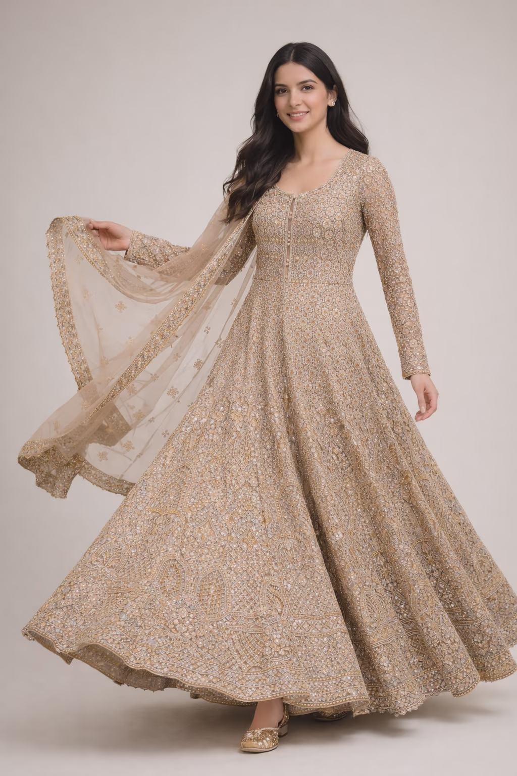 Champagne Gold Embroidered Net Silk Lehenga