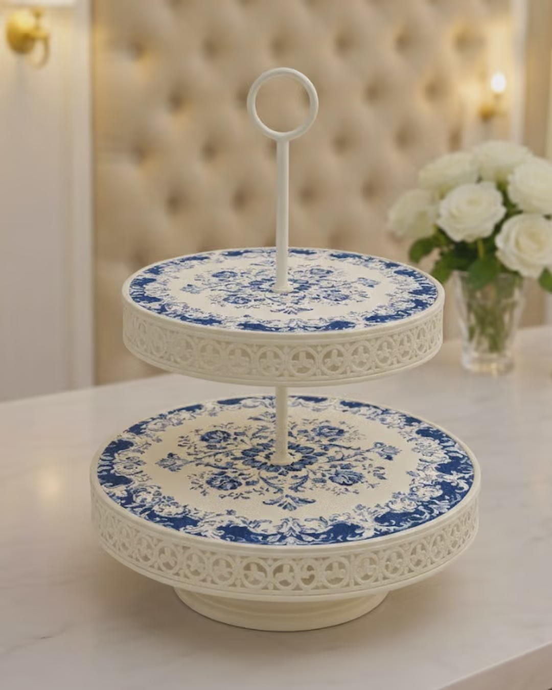 Blue and Ivory Ceramic Two-Tier Serving Tray