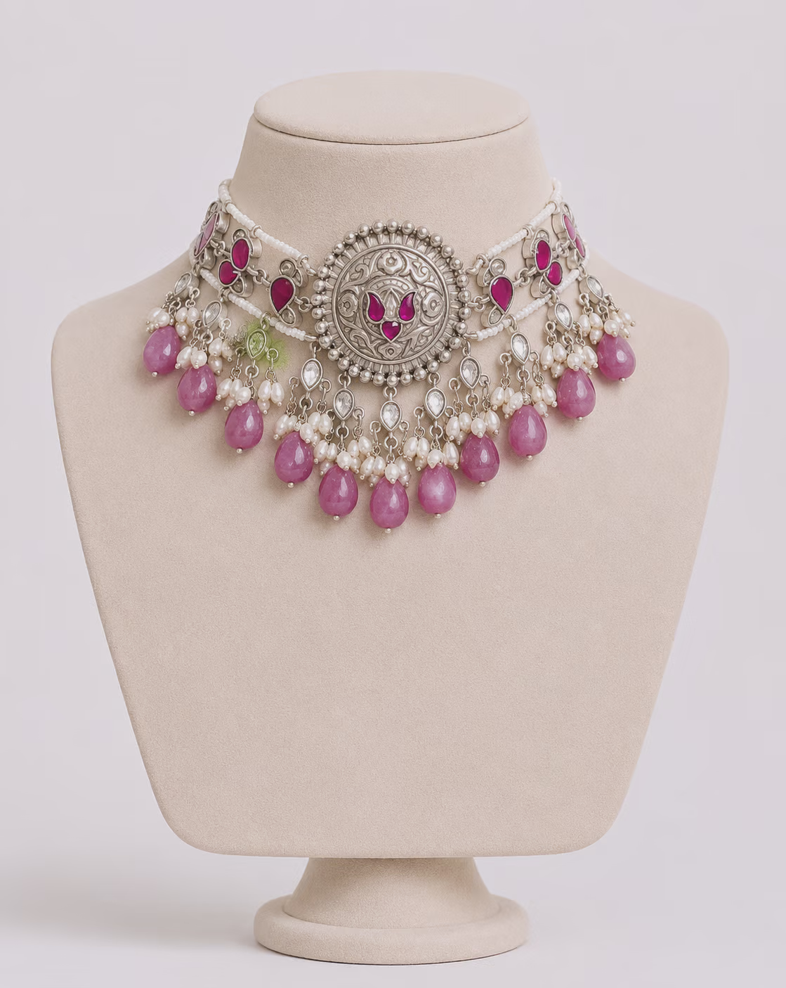 Silver Choker Necklace with Pink Stone and Pearl Drops