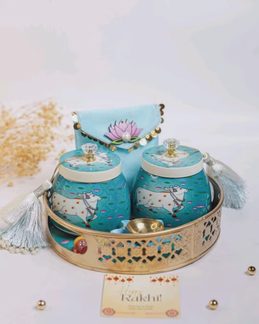 Handcrafted Pichwai Jar Set with Lotus Pouch and Metal Tray