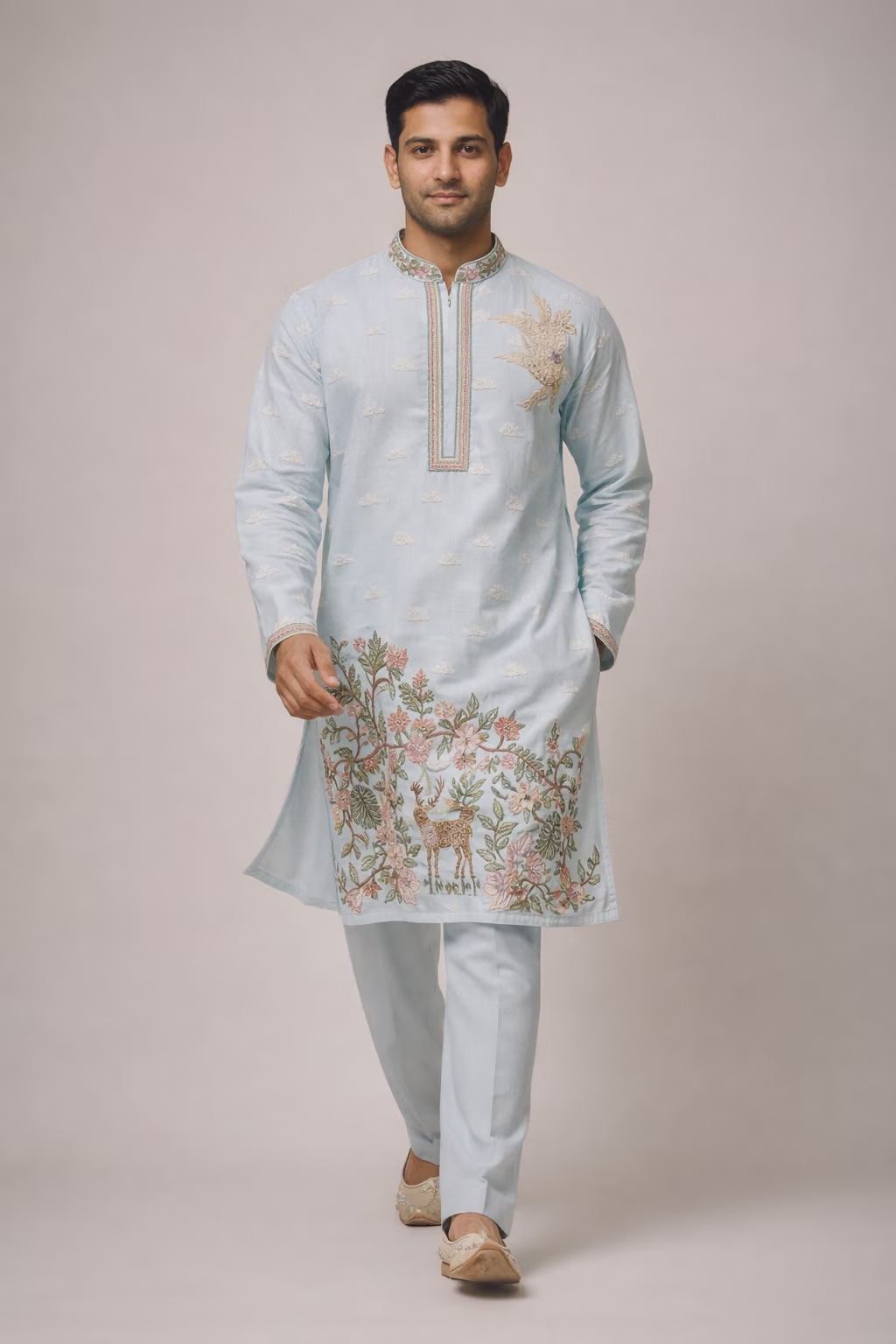 Pastel Blue Embroidered Cotton Kurta Pajama Set