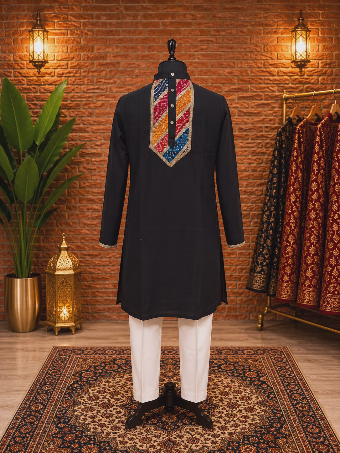 Black Kurta with Multicolor Embroidered Placket and White Pajama