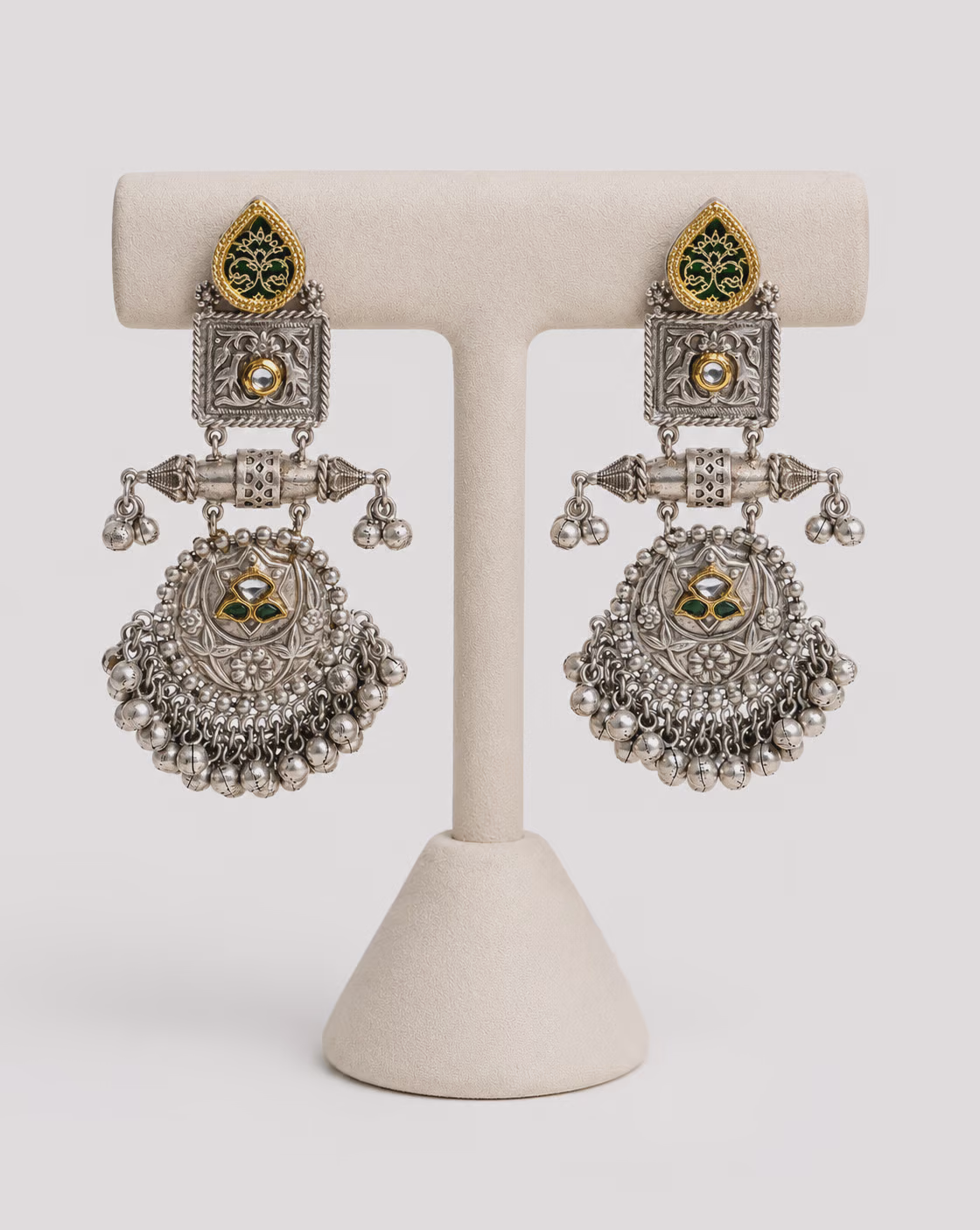 Silver Dangling Earrings with Green and Gold Enamel