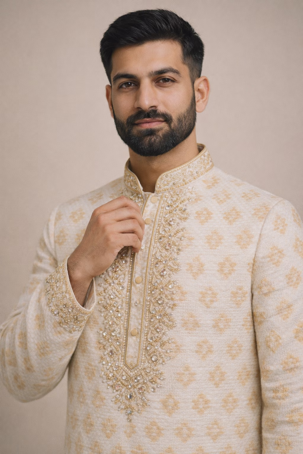 Ivory Woven Kurta with Mirror Embroidery