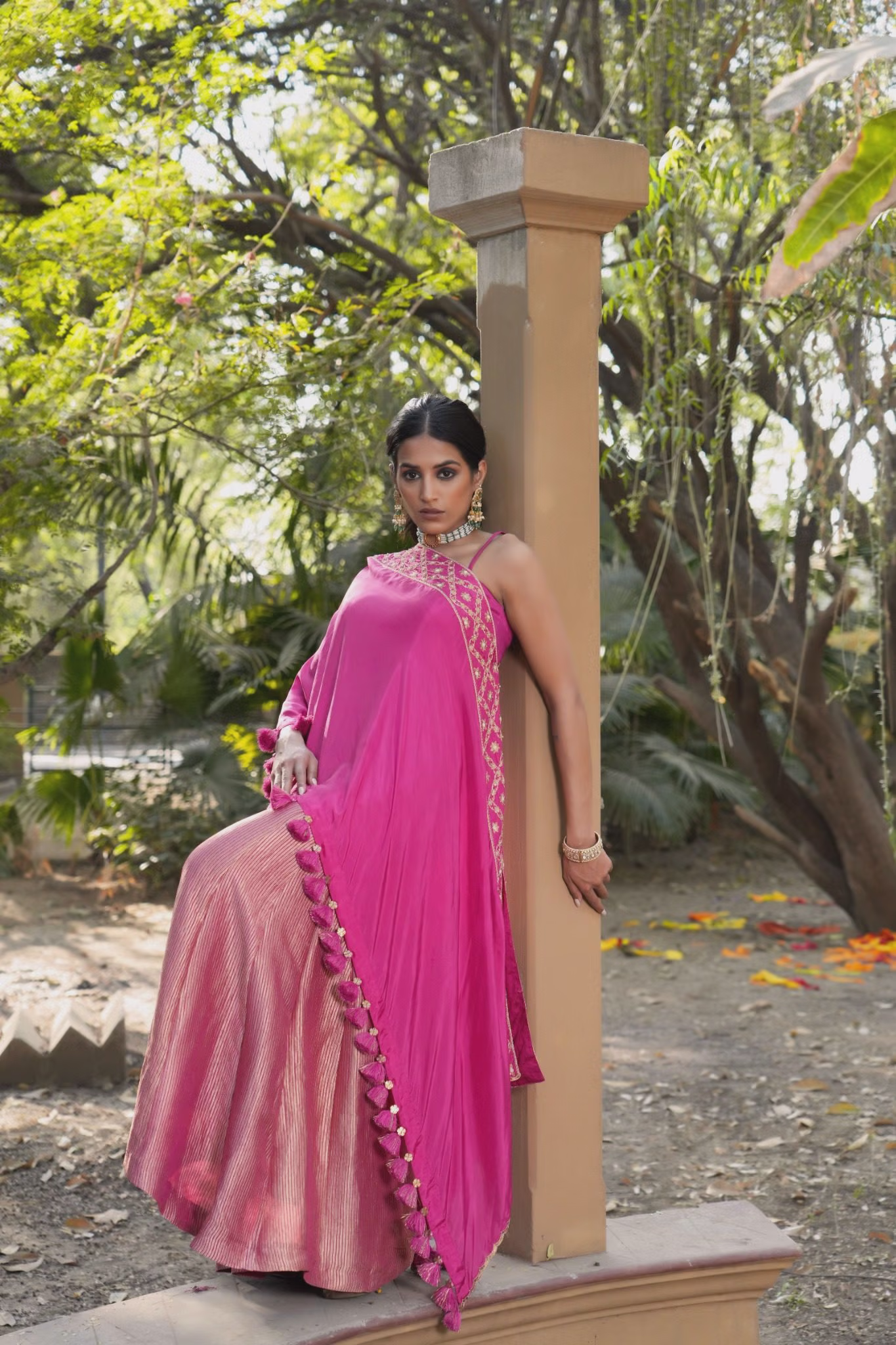 Rani Pink Silk Blend Lehenga with Asymmetric Dupatta