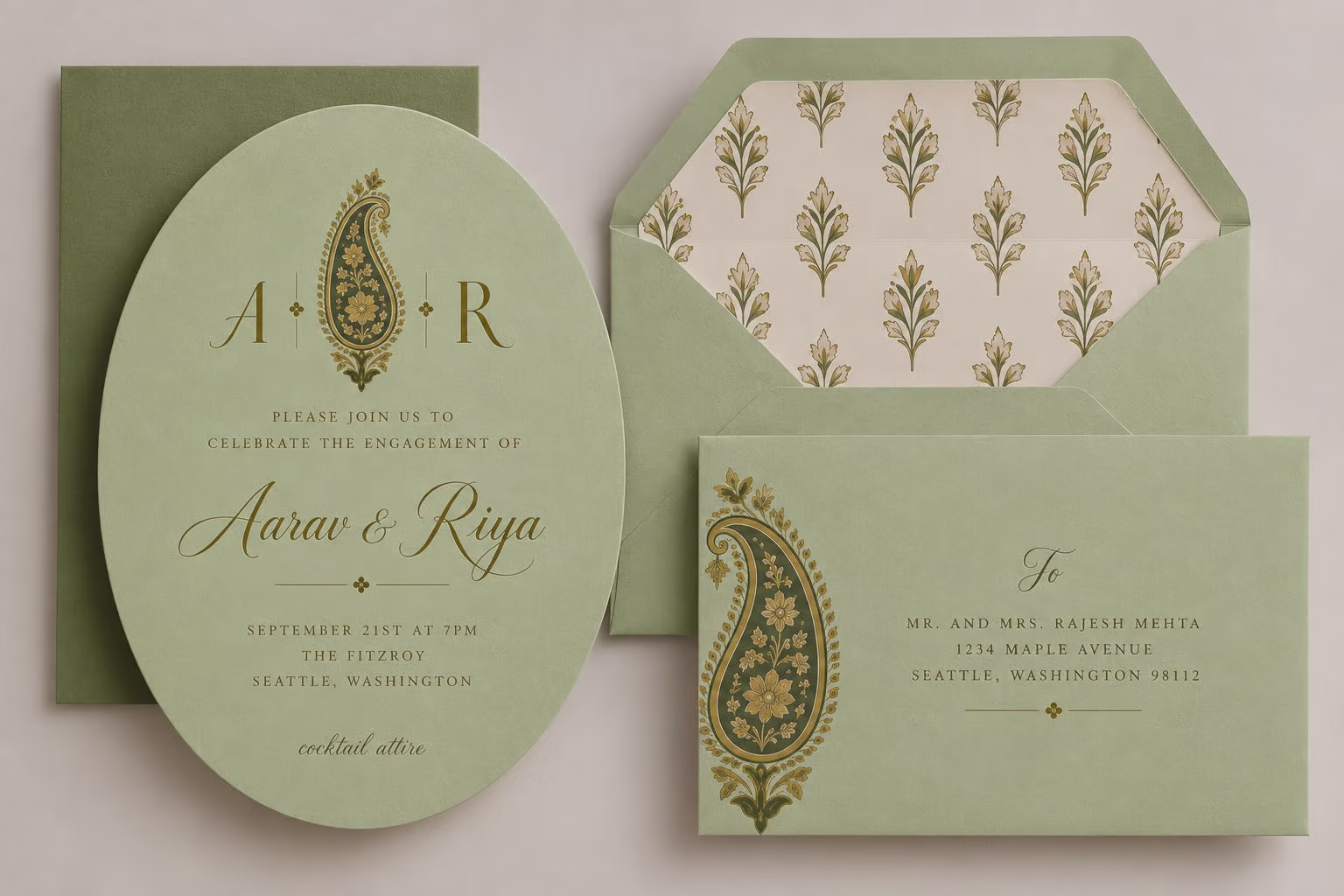Pastel Green Invitation Card Set with Paisley Motif