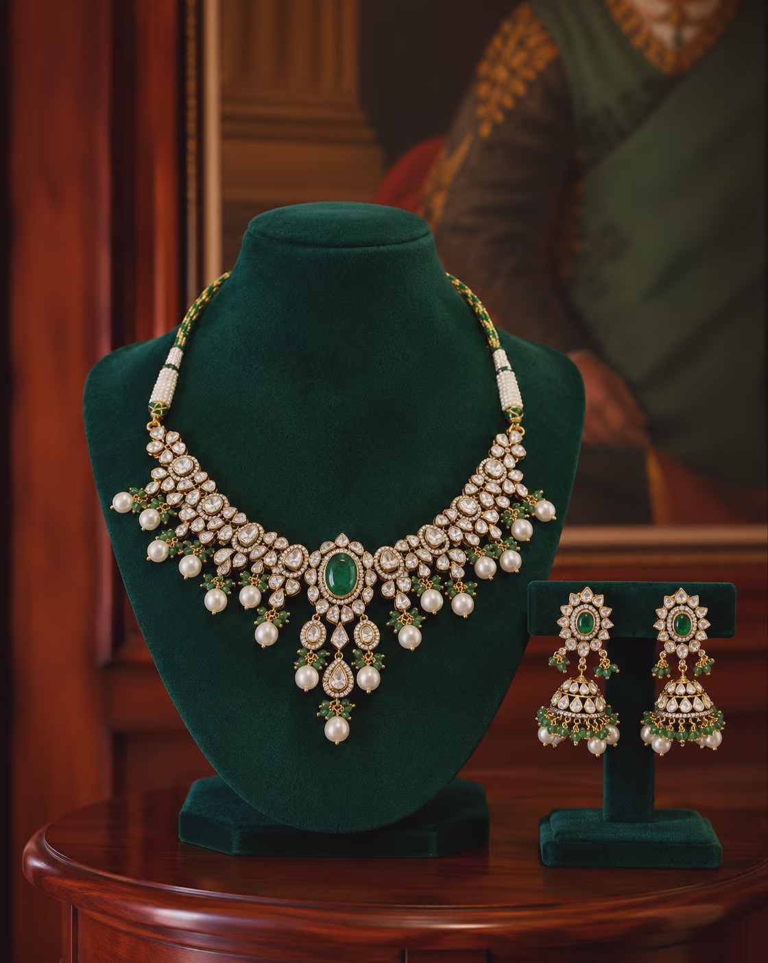 Kundan Necklace Set with Pearls and Green Stones