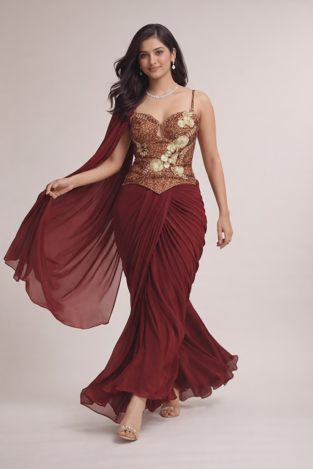 Embroidered Maroon Georgette Draped Saree