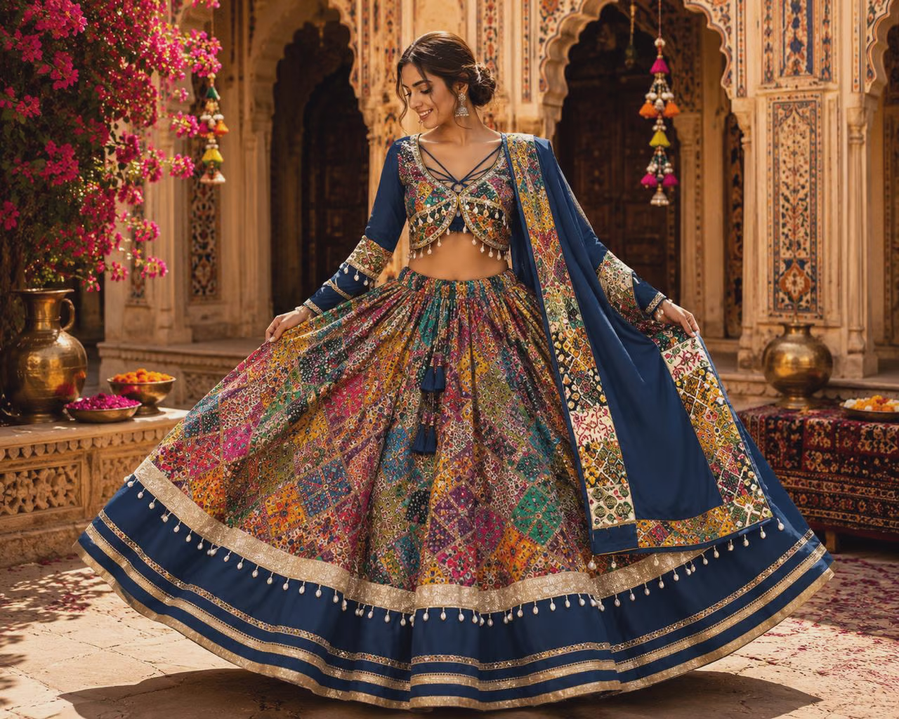 Multicolour Patchwork Embroidered Silk Blend Lehenga Choli Set