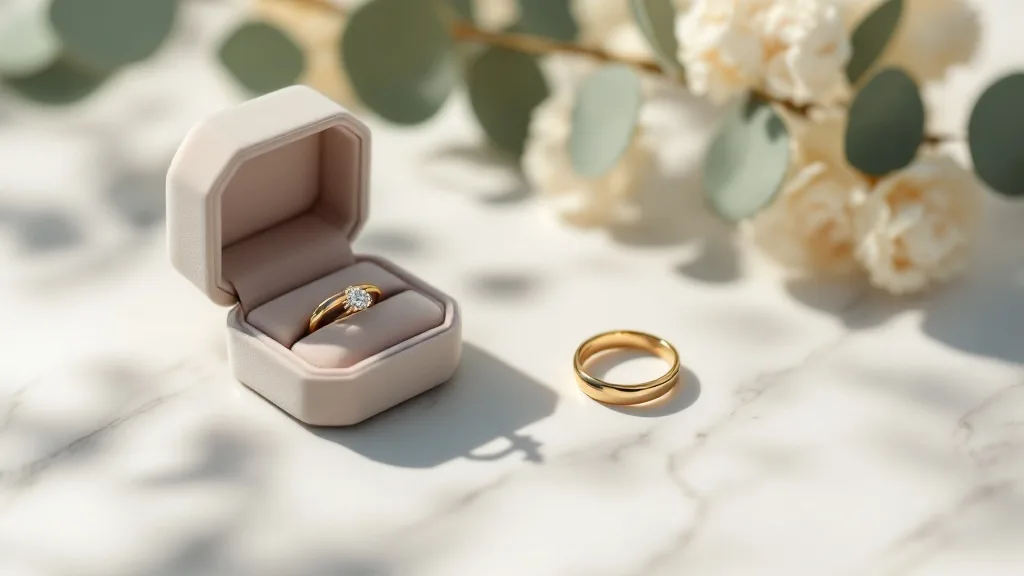 Par de argollas de matrimonio de oro sobre un estuche abierto junto a un anillo de compromiso con diamante