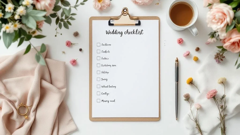 Checklist de planificacion de matrimonio con lista de tareas organizadas mes a mes