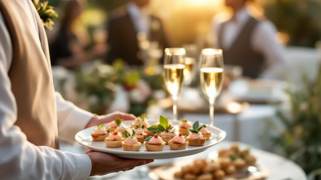 Mozo con bandeja de bocados y copas de espumante en el cóctel de un matrimonio al aire libre