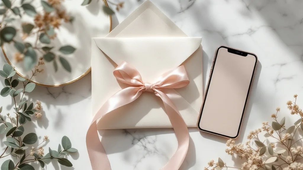Invitados dejando un sobre de regalo junto a una invitación de matrimonio y un celular con la lista de regalos
