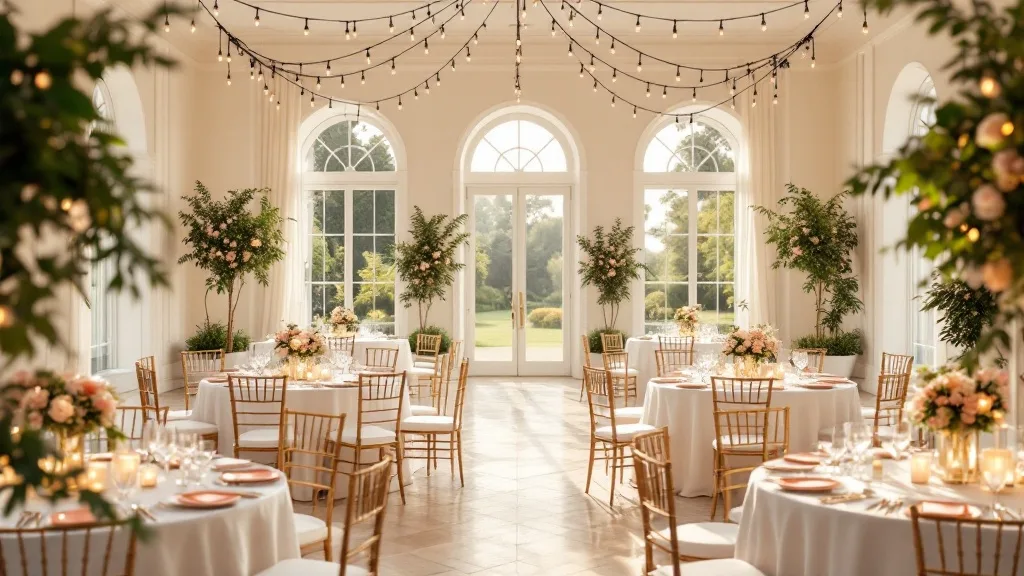 Salón de centro de eventos montado para un matrimonio con mesas redondas, mantelería blanca e iluminación cálida