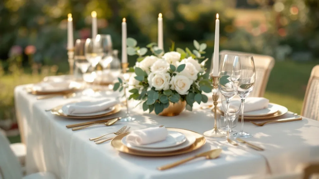 Mesa de matrimonio montada con loza, copas y mantelería mientras un garzón sirve un plato
