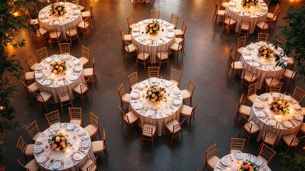 Distribución de mesas para matrimonio con vista superior de mesas redondas y rectangulares
