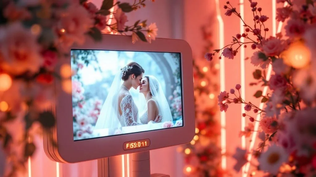Foto de recuerdo de matrimonio generada con inteligencia artificial mostrando un invitado en estilo artístico