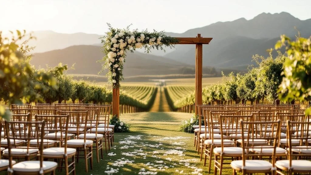Vina chilena decorada para un matrimonio al aire libre con vista a los vinedos