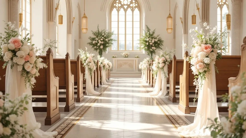 Interior de una iglesia con el pasillo central decorado con flores blancas antes de una ceremonia de matrimonio