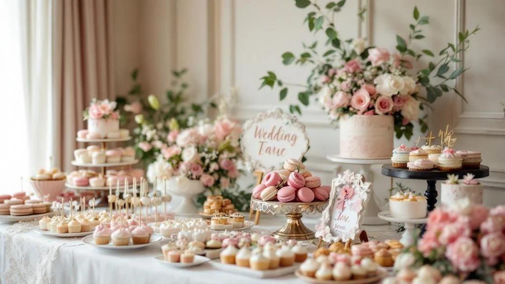 Mesa de dulces decorada para un matrimonio con cupcakes, macarons y dulces de colores