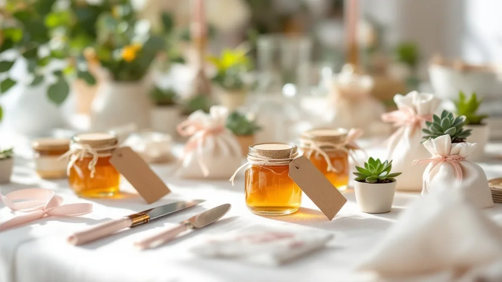 Mesa de recuerdos de matrimonio con frascos de mermelada, velas y bolsitas etiquetadas con cinta