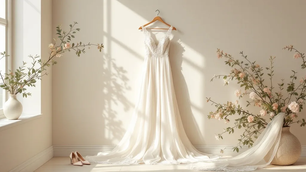 Vestidos de novia blancos colgados en un perchero de una tienda de novias, con encaje y tul a la vista