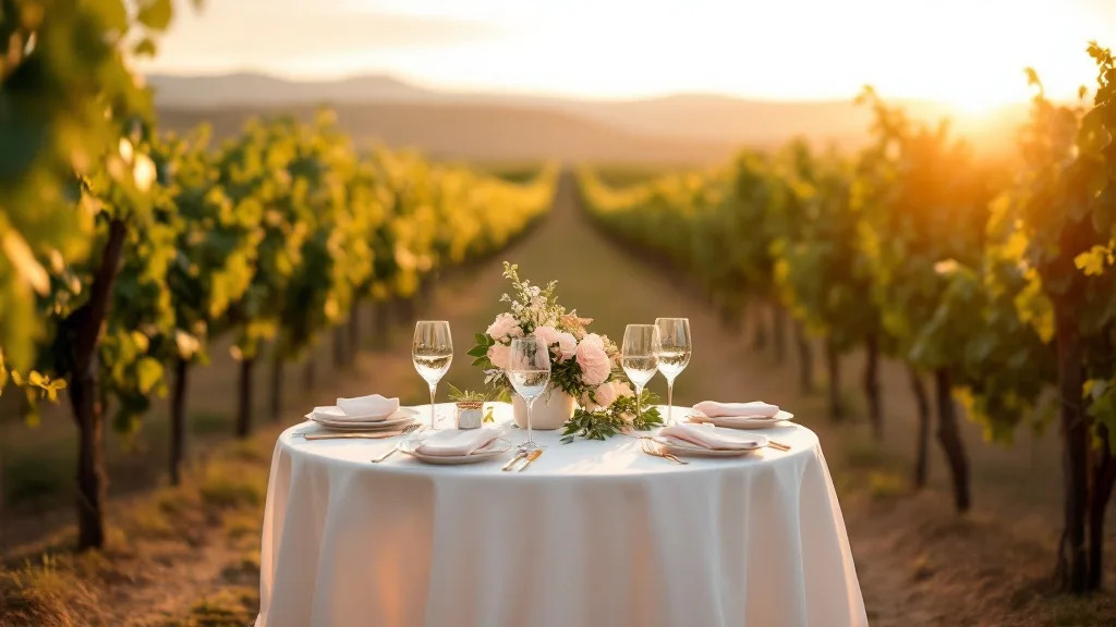 Mesas de matrimonio montadas entre hileras de parras de una viña chilena al atardecer