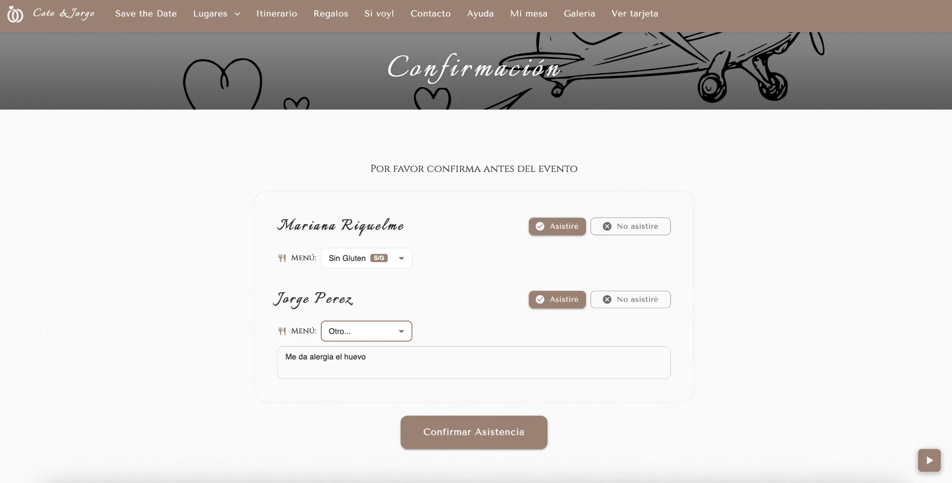 Confirmación RSVP de boda en tiempo real con preferencias alimentarias