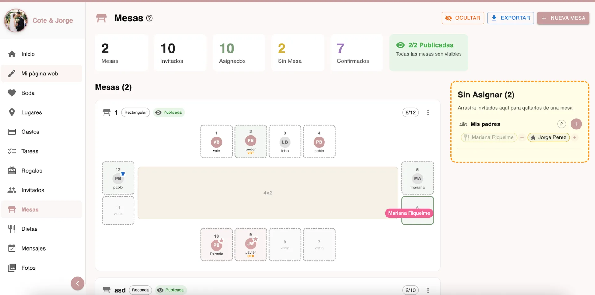 Distribución interactiva de mesas para matrimonio con drag and drop