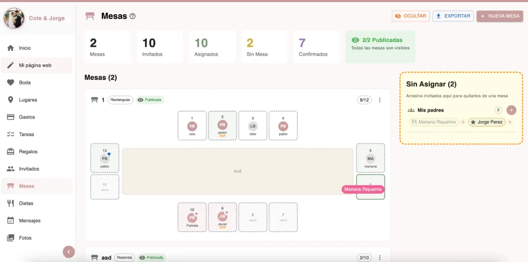 Distribución interactiva de mesas para matrimonio con drag and drop