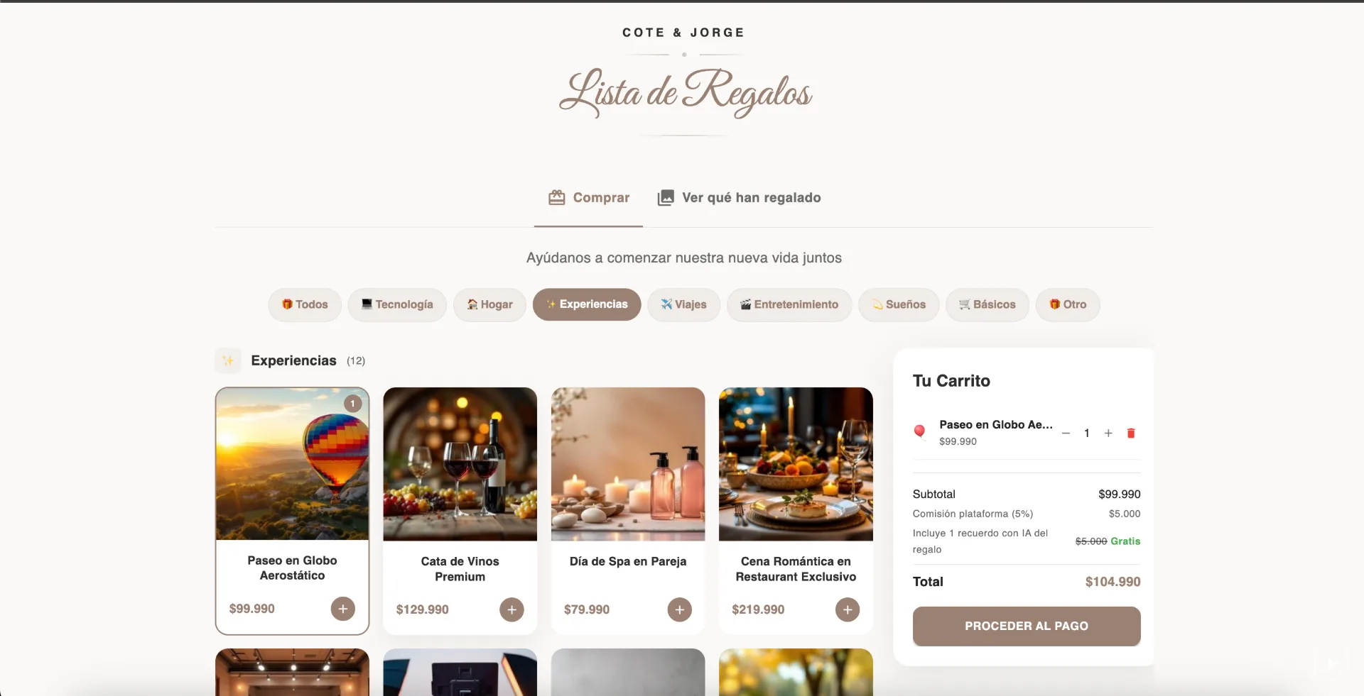Lista de regalos de matrimonio con pago online via Webpay en Chile