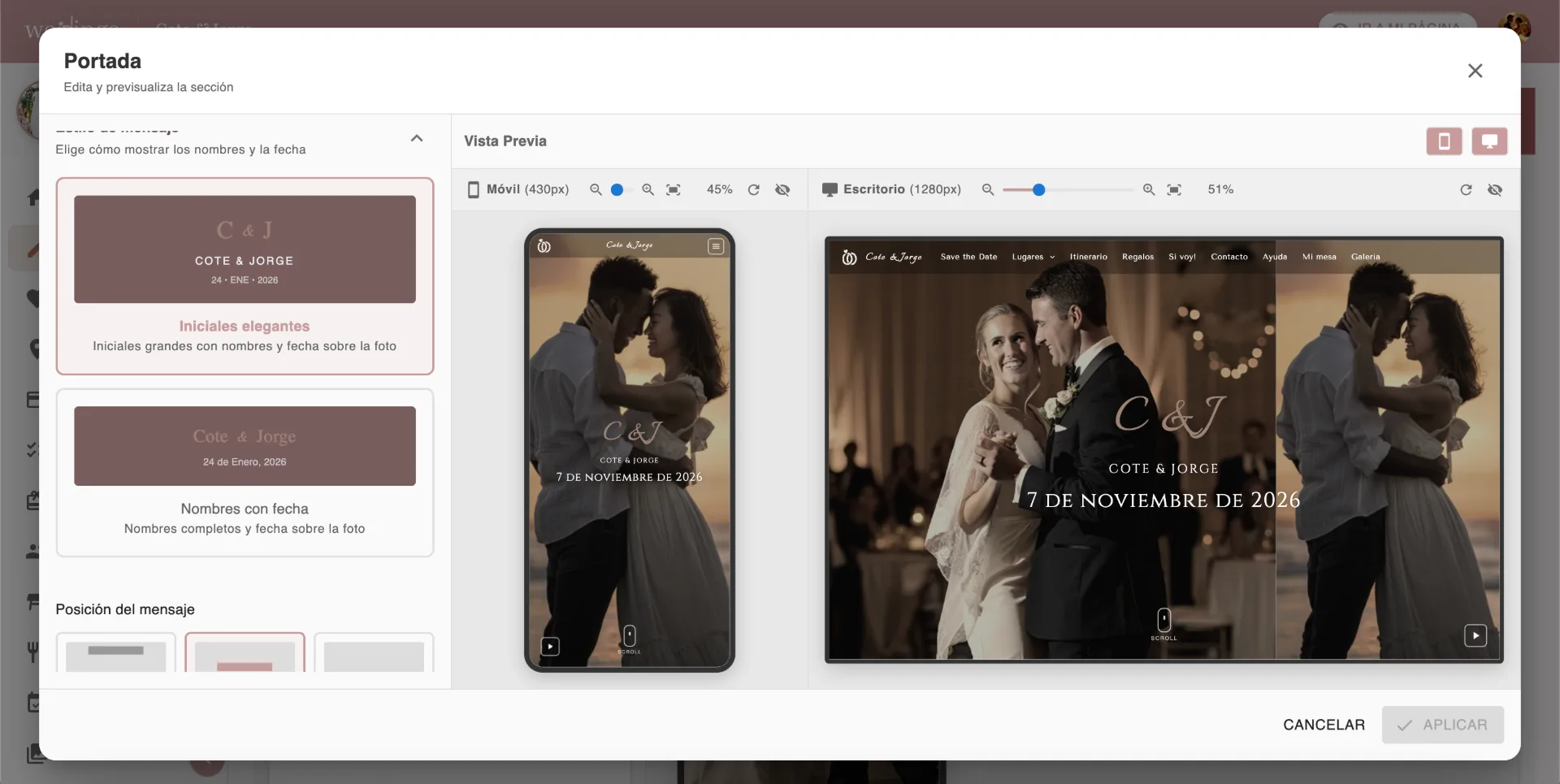 Editor de partes de matrimonio e invitaciones de boda digitales con secciones personalizables
