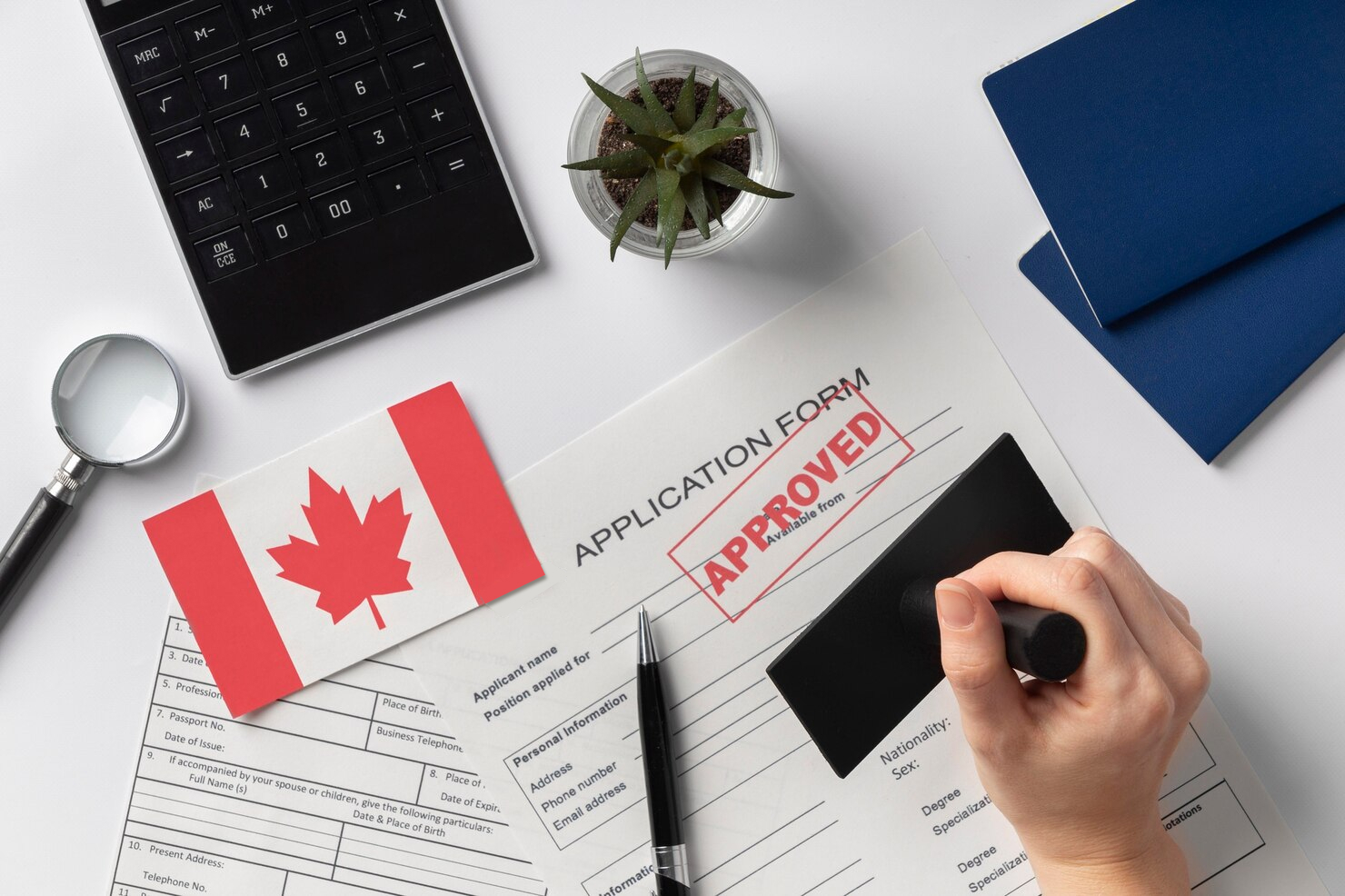 Documents with canadian flag and stamp with text APPROVED