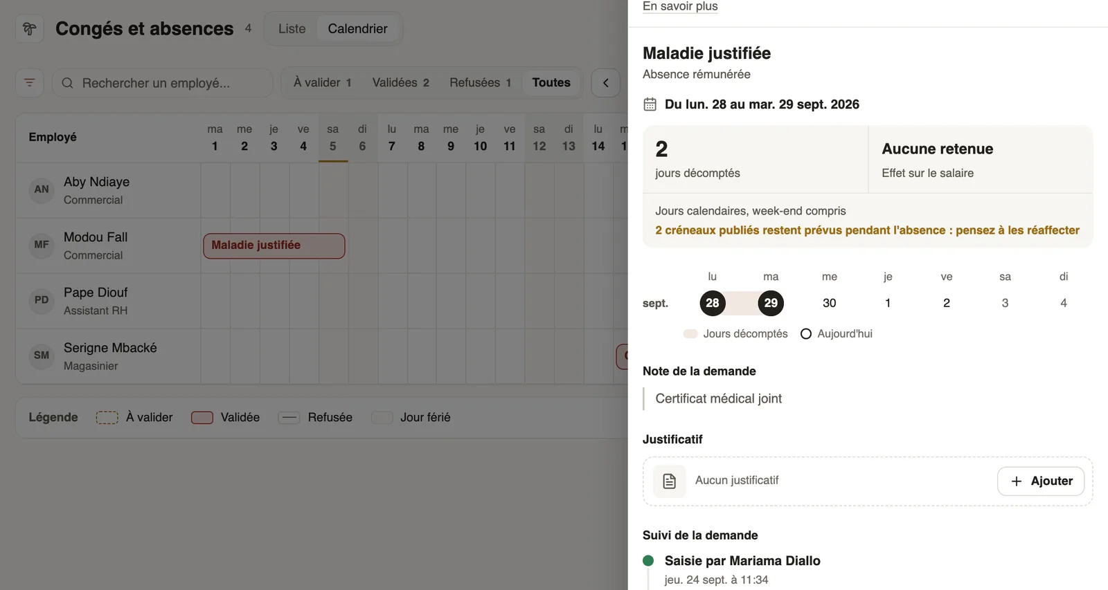 La vue Calendrier : une ligne par employé et une barre par absence