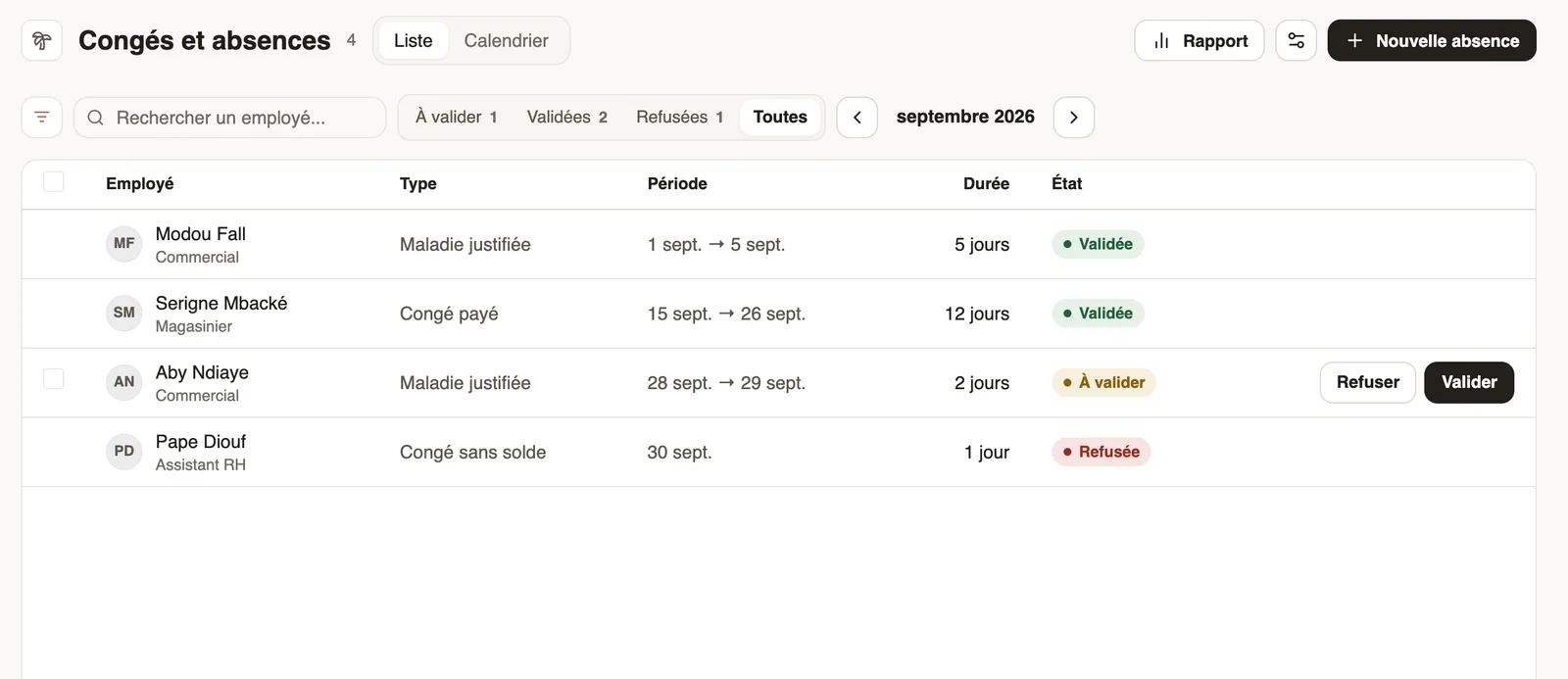 Les absences de septembre : validées, à valider et refusée, avec Valider et Refuser sur la demande en attente